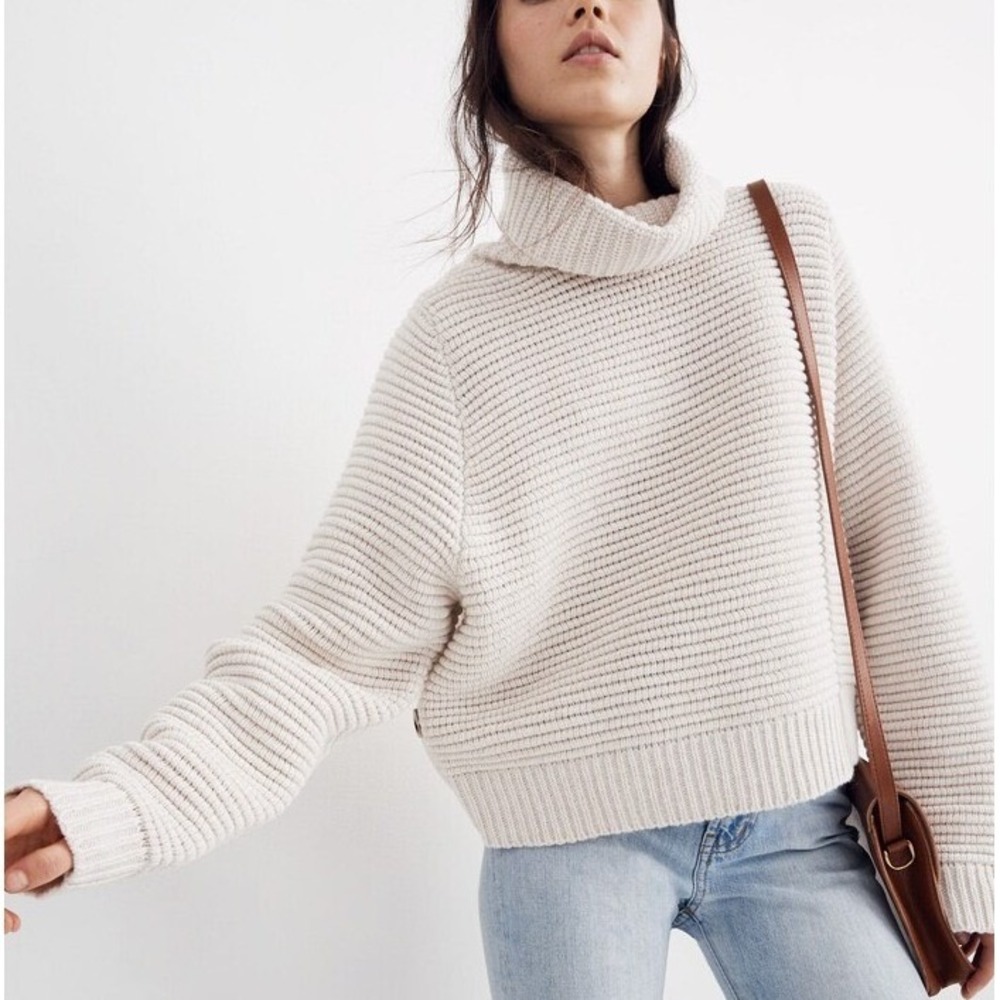 Madewell Side Button Turtleneck Sweater, Cream Medium Cotton Merino | Boho Cozy